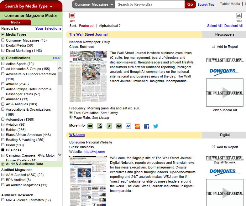 Consumer Magazine Media Database Clicking on Consumer Media in the Search by Media Type menu will open the Consumer Magazine Media database page.