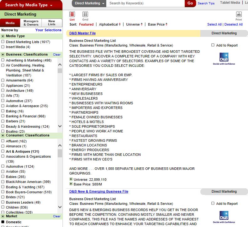 Direct Marketing Database Clicking on Direct Marketing in the Search by Media Type menu will open the Direct Marketing database page.