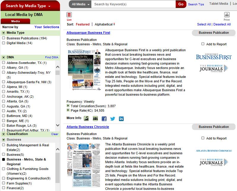Local Media by DMA Database Clicking on Local Media by DMA (Designated Market Area) in the Search by Media Type menu will open the Local Media by DMA database page.