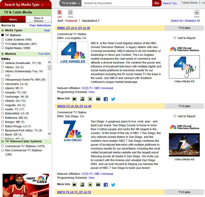 TV & Cable Media Database Clicking on TV & Cable Media in the Search by Media Type menu will open the TV & Cable Media database page.