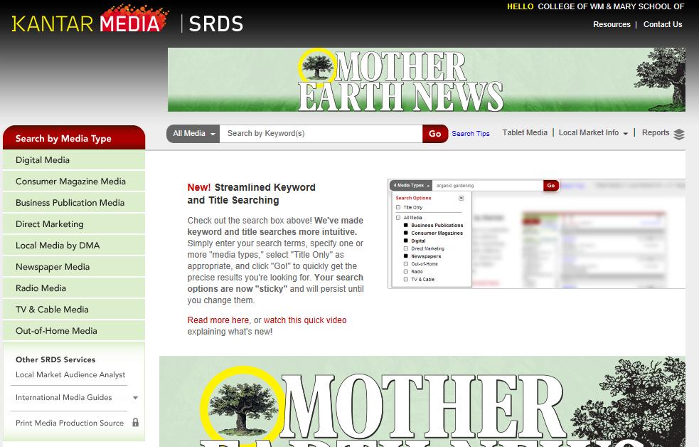 Other SRDS Services The SRDS program Opening page has a Search by Media Type menu column on the left side of the page.