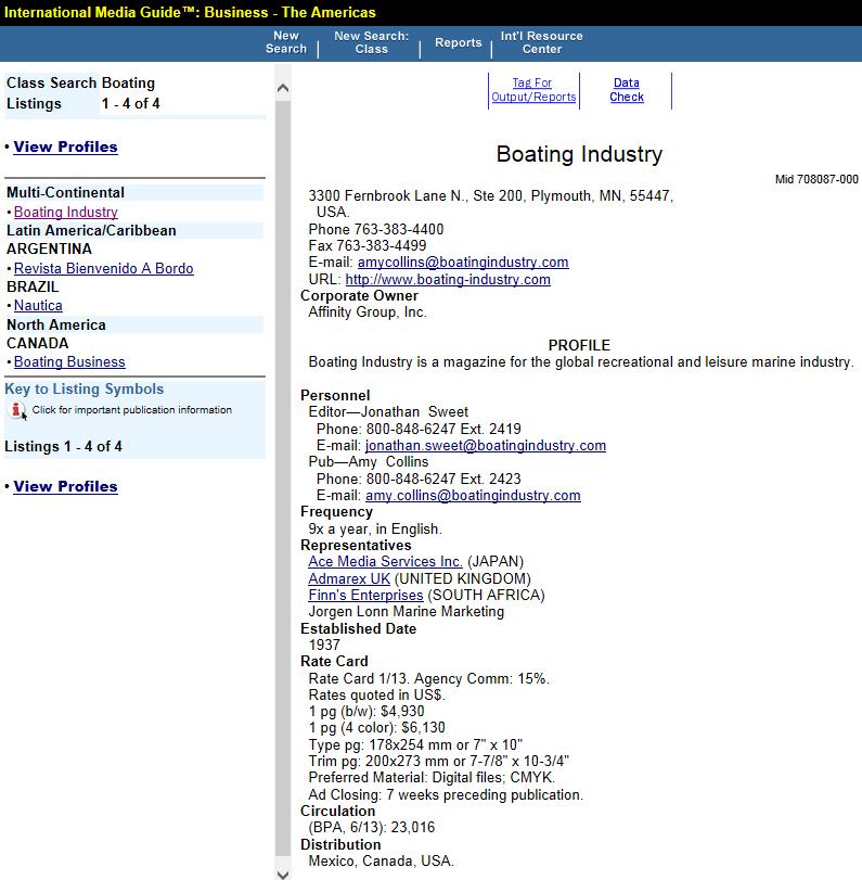 This will open a results page with a column on the left displaying the media found in your search. The name of the media (e.g., Boating Industry) is a link that will display information about that media in the right side of the page.