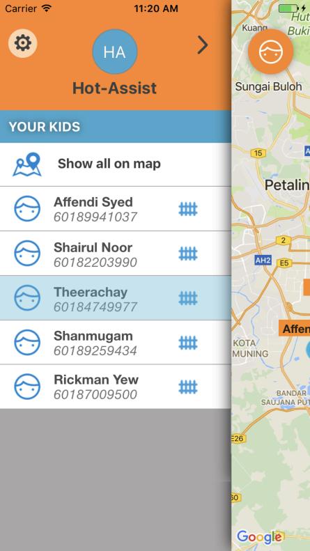 3. To look closer on any one of your kid, press the marker of the kid on map, or