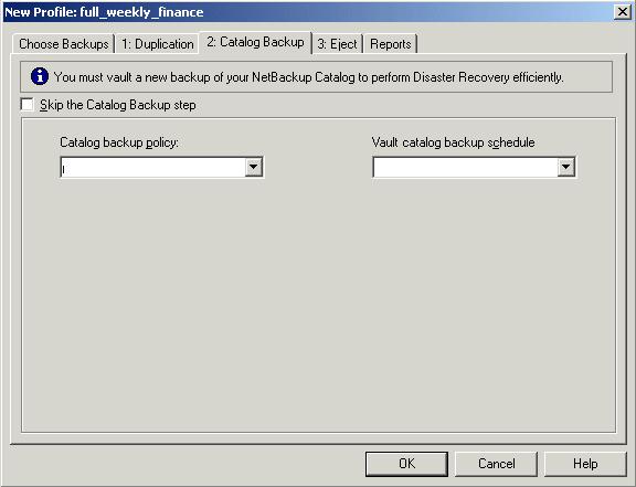 114 Configuring Vault Configuring a profile Catalog backup tab Use the Profile dialog box Catalog Backup tab to specify the catalog backup policy and schedule that will perform the Vault catalog