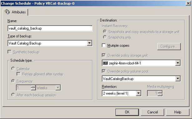 66 Configuring NetBackup for Vault Catalog backup schedules for Vault Override the policy s storage unit and select a storage unit.