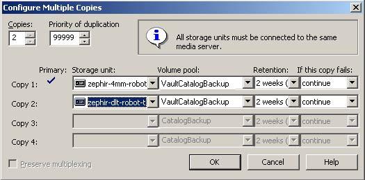 68 Configuring NetBackup for Vault Catalog backup schedules for Vault Use this dialog box to create multiple copies of a Vault catalog backup.
