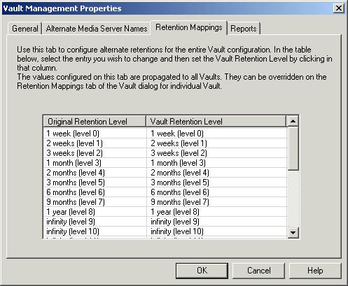 Configuring Vault Configuring Vault management properties 79 4 When finished, click OK. Retention mappings tab Global retention mappings.