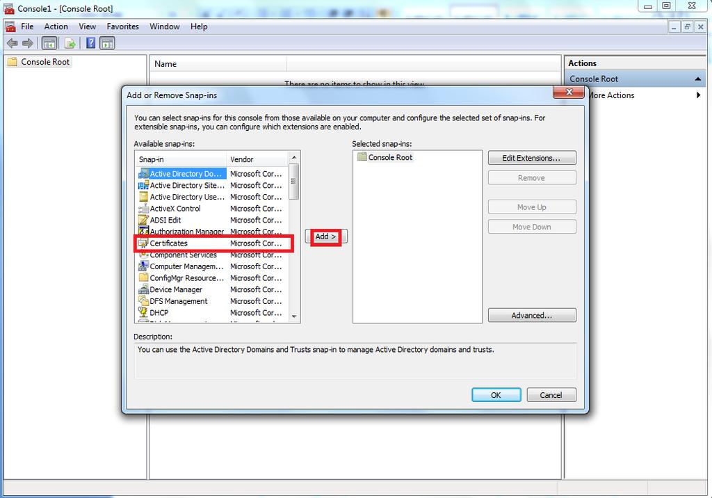 2. Select the certificates snap-in and