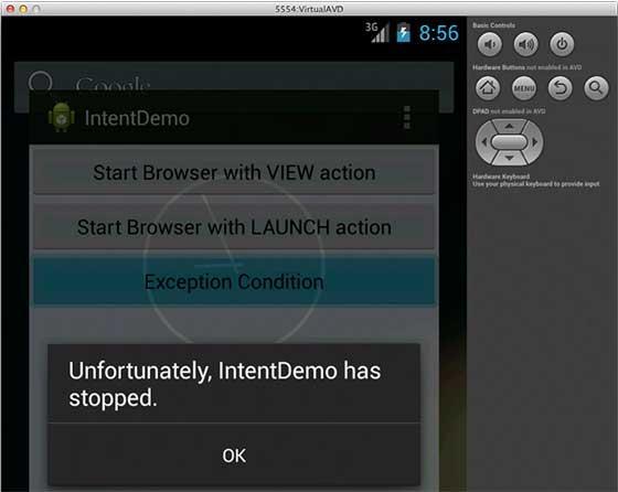 Now go back using back button and click on "Start Browser with LAUNCH Action" button, here Android applies filter to choose define activity and it simply launch your custom activity and again it