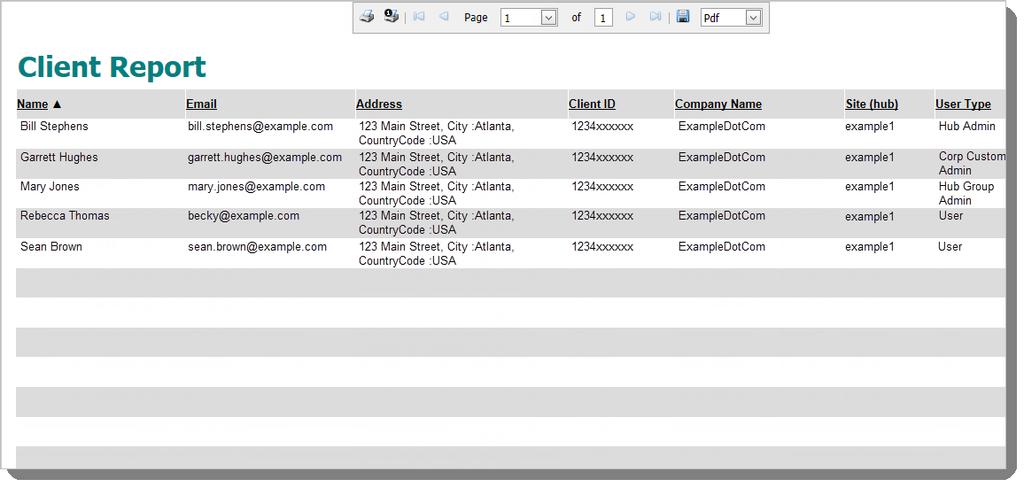Reporting in the Admin Portal Example Client Report The following example shows a client report that