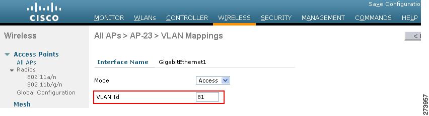 Connecting the Cisco 1520 Series Mesh Access Point to Your Network Figure 68 VLAN Access Mode If configuring a RAP or MAP trunk port, click gigabitethernet0 (port 0-PoE in). a. Select trunk from the mode drop-down menu.