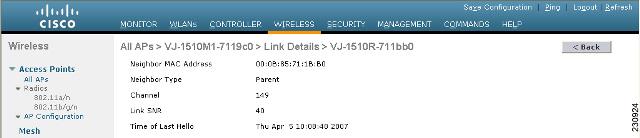 Checking the Health of the Network Figure 94 Mesh > LinkTest Results Page Step 4 c. Click Back to return to the All APs > Access Point Name > Neighbor Info page.
