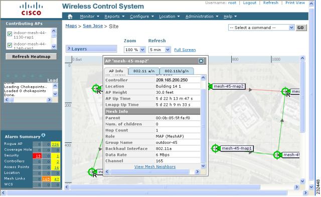 Adding and Managing Mesh Access Points with Cisco WCS To view summary and detailed configuration information for a mesh access point from a mesh network map, follow these steps: Step 1 Step 2 Step 3