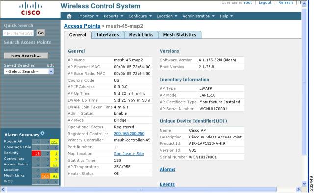 Adding and Managing Mesh Access Points with Cisco WCS Figure 116 Mesh AP Detail Page Step 5 On the Access Point configuration page, follow these steps to view configuration details for the mesh