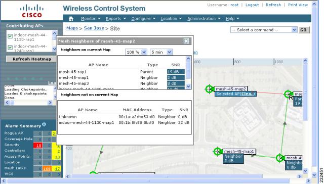 Adding and Managing Mesh Access Points with Cisco WCS Figure 118 View Mesh Neighbors Panel In addition to listing the current and past neighbors in the panel that displays, labels are added to the
