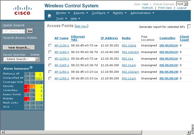 Adding and Managing Mesh Access Points with Cisco WCS Step 1 Choose Monitor > Access Points. A listing of access points appears (see Figure 119).