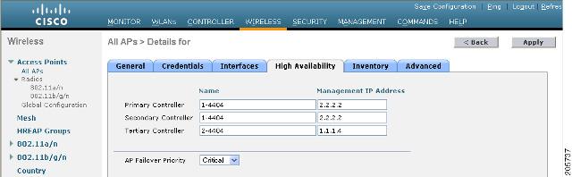 Connecting the Cisco 1520 Series Mesh Access Point to Your Network c. Click the High Availability tab. (See Figure 44.) Figure 44 All APs > Details for (High Availability) Page d.