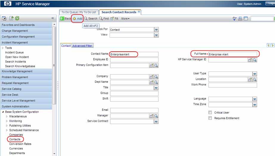 To create a contact open the SM portal and navigate to System Administration -> Base System Configuration -> Contacts.