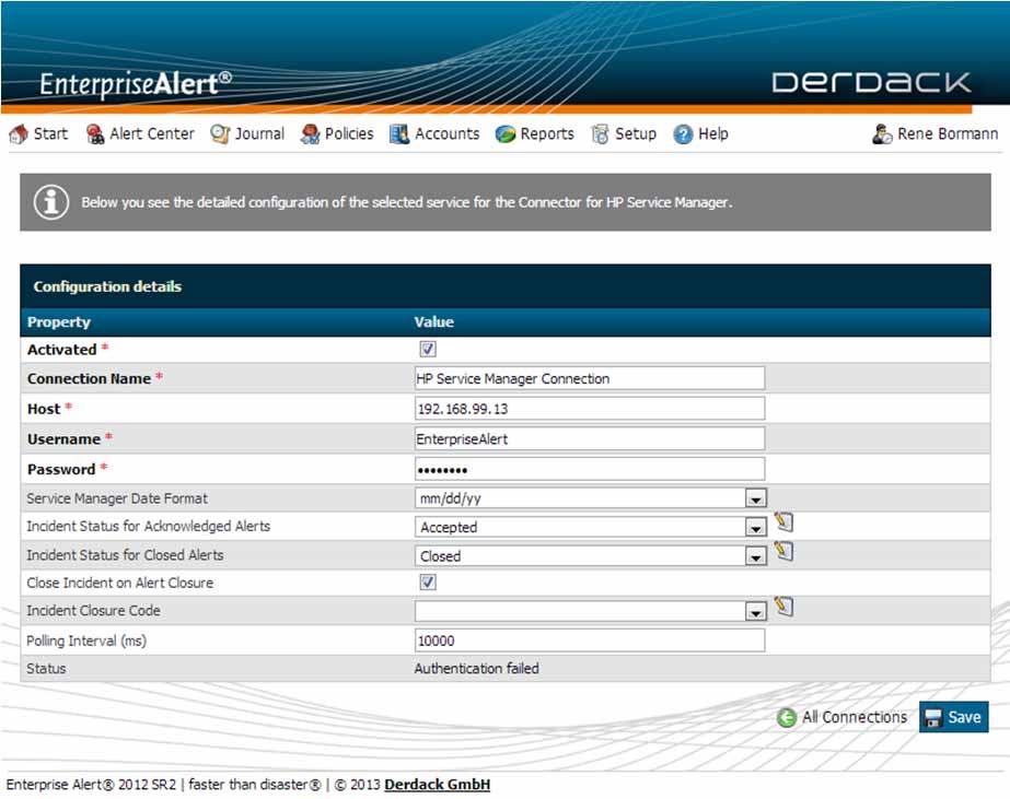 Open Setup > Event Sources > HP Service Manager in the Web portal of Enterprise Alert to configure the connection to HPSM.