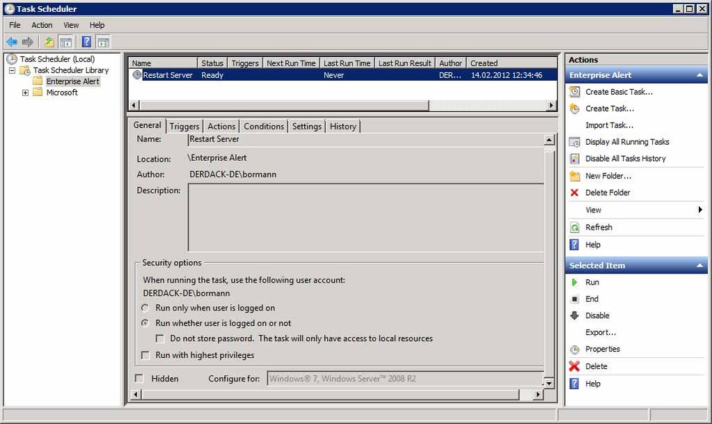 You now have successfully configured Enterprise Alert integration into the Windows Task Scheduler. You should now create Remote Action Policies to trigger the tasks on the connected host.