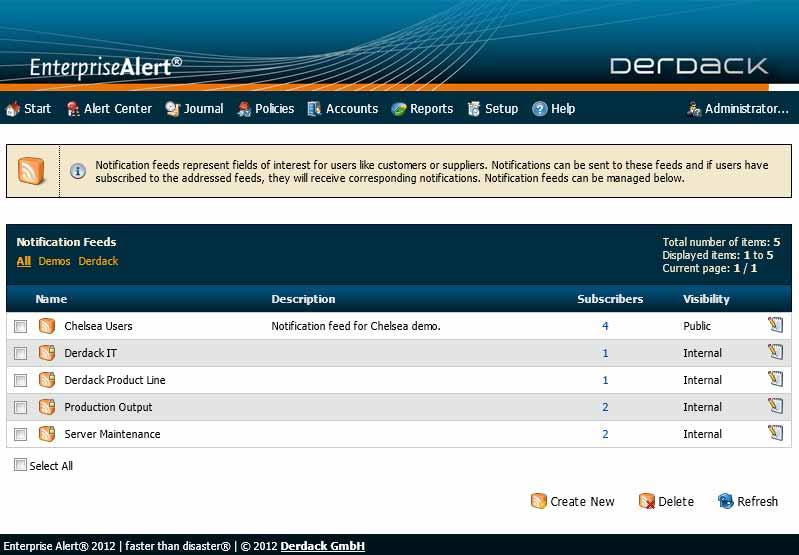 Notification Feeds To create a Notification Feed, open Accounts > Notification Feeds in the Enterprise Alert Web portal and click on Create New. Select a name for the new Notification Feed e.g.