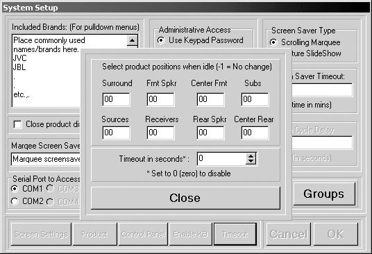 Screen Settings: Calls up the display properties dialog. Product: Activate only those product groups which will be controlled by the Touchscreen.