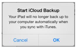 It will bring up a message saying that your ipad will no longer automatically back up when you