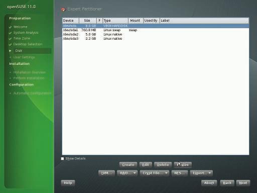 Installing opensuse 11.0 Now start by setting up a swap partition: This is the partition the system uses to swap out memory if it runs out of RAM. Now check Format and select Swap as the Filesystem.