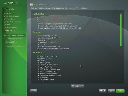 Installing opensuse 11.0 After you click Install, YaST will go on to format the partitions you created and copy required packages from the DVD to your hard disk.