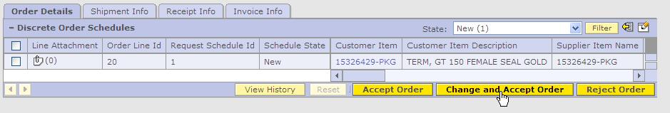To Change and Accept Order Click on Change and Accept Order If you have to make a change to the Purchase Order you need to use Change and Accept Order.