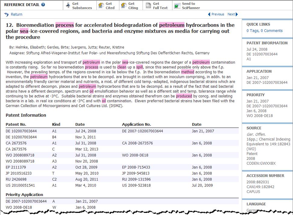 Reference Detail When you click the blue title of a reference in your answer set, the Reference Detail is displayed. At the top, the title, authors, and abstract are shown.