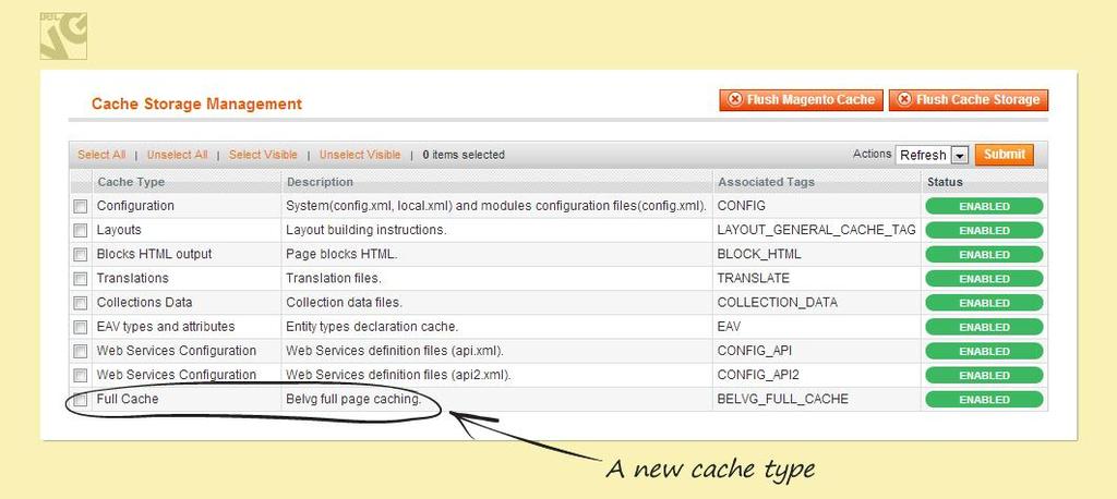 3. How to Configure If the extension is installed properly, a new Cache Type Full Cache will appear in System -> Cache Management.