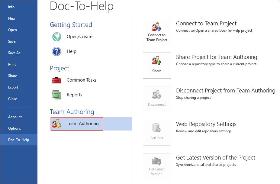 Team Authoring This is how the Team Authoring submenu displays in Word: You can manage the following components of your Doc-To-Help project if you intend to bind this with a shared repository:
