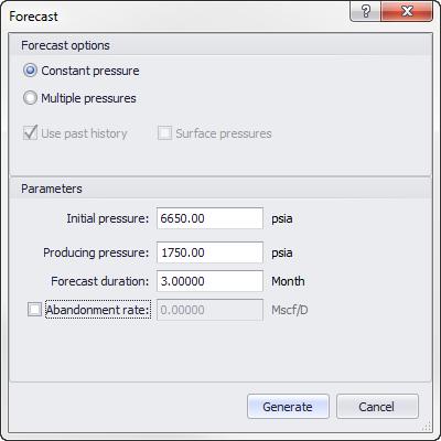 In order to perform a first Forecast input a pressure value of 1750 psia for a duration of 3 months in the dialog: Click on to start the calculation.