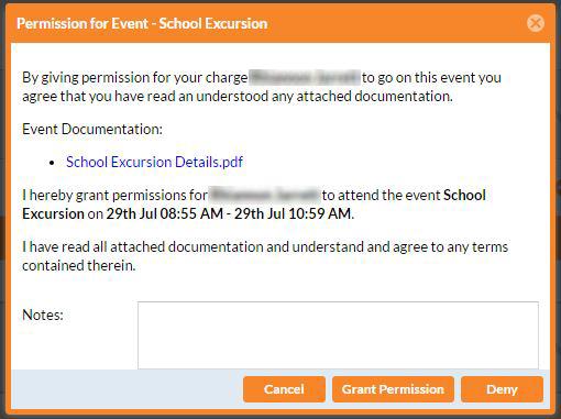 How do I approve an event? To approve an event you will need to click on Action. You will then be presented with a permission request for which you can select Cancel, Grant Permission or Deny.