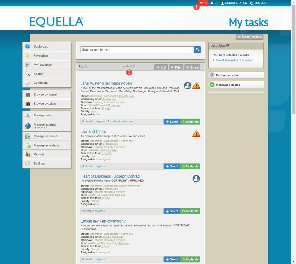 Figure 11 My tasks page The tasks on the My tasks page are displayed in the following default order: Priority (High, Normal then Low), then Assignment (Me, Unassigned then assigned to another user),