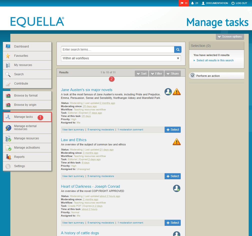 Figure 44 Manage tasks page The tasks on the Manage tasks page are displayed in the following default order: Priority (High, Normal then Low), then Assignment (Me, Unassigned then assigned to another