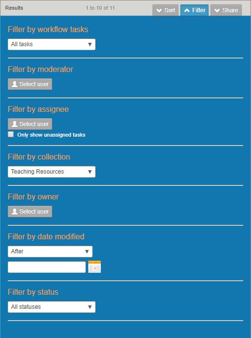 Figure 50 My tasks filter box From the My tasks page, the following filter options are available: Filter by workflow tasks select a workflow task to display only selected tasks.