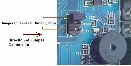 Jumper connections for TEST LED, BUZZER and RELAY The test led,
