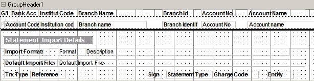 Report Example 4 - List of Bank Accounts Report 3. GroupHeader1 Contains details of how the report is grouped plus details of what will appear in the Group.