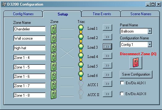 Dimensions D3200 Software Instructions Page 9 of 29 Setup Tab The Setup Tab is used to make zone settings, including zone names, channel mapping, group, zone type, load type, minimum level, and