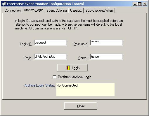 2. In the window below, select the Archive Login tab. Enter a valid Login ID and Password. In the Server field, enter the name or IP address of the host machine where the archival database resides.