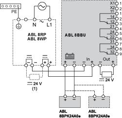 Connections and Schema 24 Vdc Battery Control Module Wiring Diagram (1) See table below for the maximum unstored charge capacity (µf) ABL