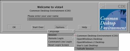 Figure 1 1 Login screen 2. Select either OpenWindows Desktop or CDE. Once you have made your selection, you see either the OpenWindows or the CDE logo. 3. Continue your login.