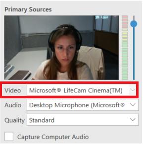 Figure 11 4.3. Primary Video Source: If you'd like to record a video of a presenter, you can select a primary video source under the Video drop-down.