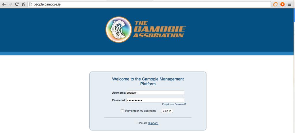 2. Login Screen 2.1. Camogie URL The URL for the Camogie Management System is people.camogie.ie. Type this into the web address bar as shown below.