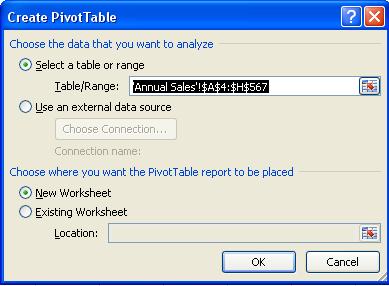 Creating a Pivot Table PivotTables and PivotCharts are most useful when applied to large tables of raw data.