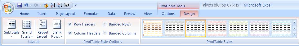 PivotTable Design Tools The Design ribbon offers a gallery where you can quickly apply a format to the pivot table.