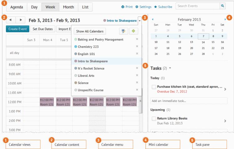 Calendar Calendar Calendar interface overview Figure 1: An overview of the Calendar user interface 1) Use the calendar views area to toggle between different event display layouts.