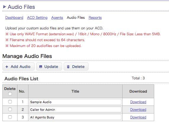 INDEX ~ Audio Files Custom audio files can be use on Agent and Caller announcements, you can audio files in the